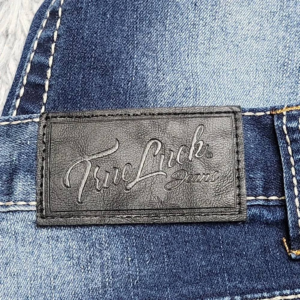True Luck Mens‎ Jeans 36x29 Hemmed Dark Wash Straight Fit Denim Thick Stitch